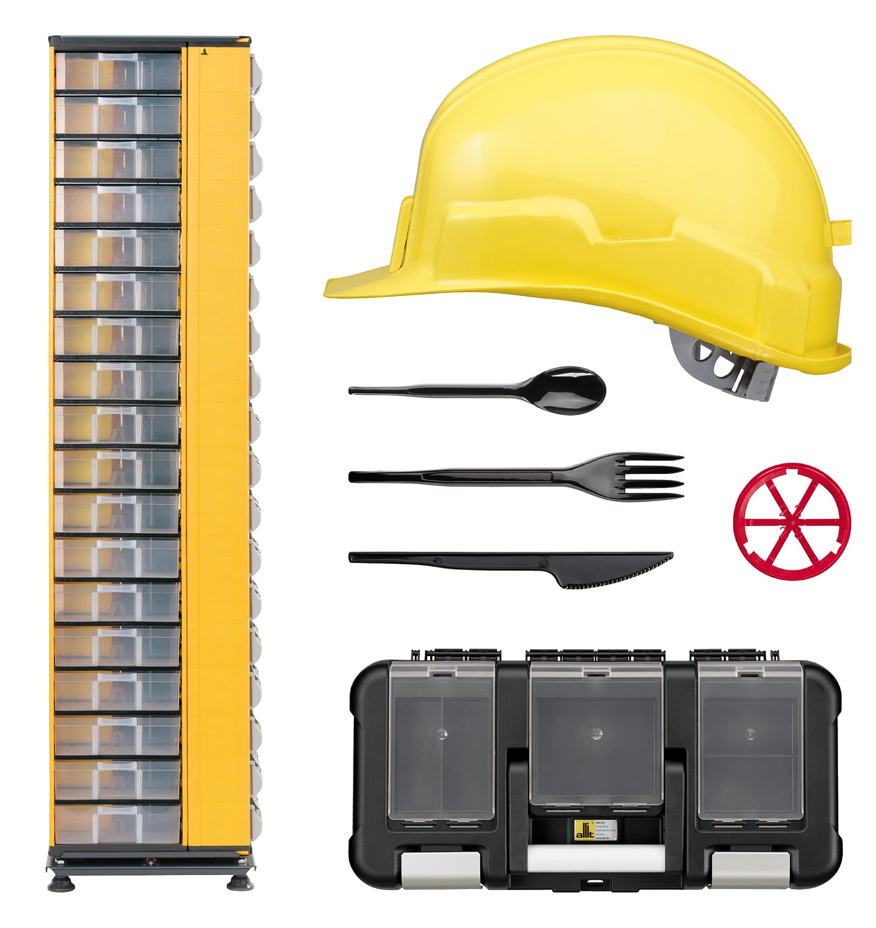 Arrangement de casques de chantier, de couverts, de systèmes de rangement et de petites molettes